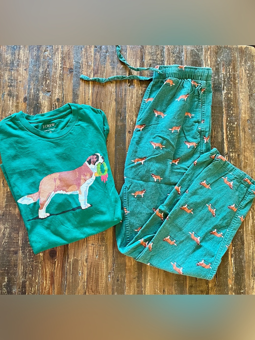 🎄J. Crew Green Holiday Dog Print Flannel Pajama Set 🎄 Sz S Top, Sz XS Pants